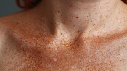 Fototapeta premium Closeup of freckled skin on upper chest and collarbone area showing natural skin texture and pigmentation with warm lighting and soft shadows creating calm mood