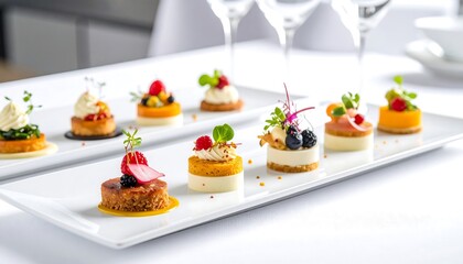 An assortment of exquisite, bite-sized gourmet canapés and desserts, elegantly arranged on white platters with fresh fruit.