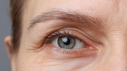 Closeup of upper eyelid showing visible milia and natural skin texture with wrinkles around blue eye, highlighting delicate eyelashes and eyebrow hairs in soft lighting