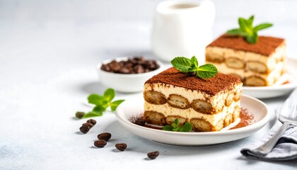 Classic Italian tiramisu dessert served in slices, dusted with cocoa powder and garnished with fresh mint on a bright table.