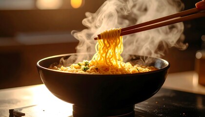 Chopsticks lift steaming hot ramen from a bowl, creating a warm, appetizing, and comforting scene