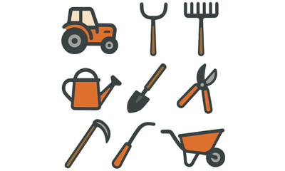 Set of Farm and Garden Tool Icons,gardening tools, including a tractor, pitchfork, rake, watering can, shovel, pruning shears, sickle, hoe, and wheelbarrow.