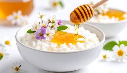 Honey is drizzled onto creamy rice pudding, garnished with fresh edible flowers in a white bowl.