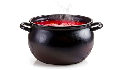 Hot, steaming red borscht simmers in a rustic black cauldron, isolated on a clean white background.
