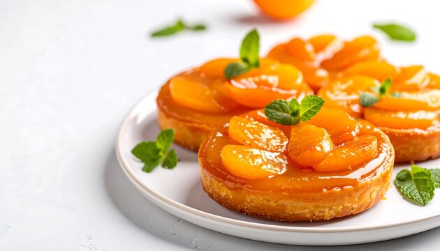 Glistening mini tarts topped with glazed mandarin orange slices and fresh mint, served on a white plate.