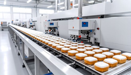 Rows of freshly made cakes move along an automated production line in a modern food factory.