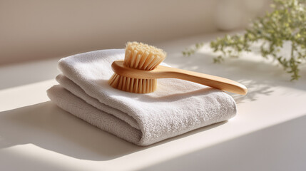 Eco-Friendly Bath and Body: Wooden Brush and Soft Towel, perfect for promoting personal care products, spa services, wellness retreats, health and beauty blogs, spa advertisements.