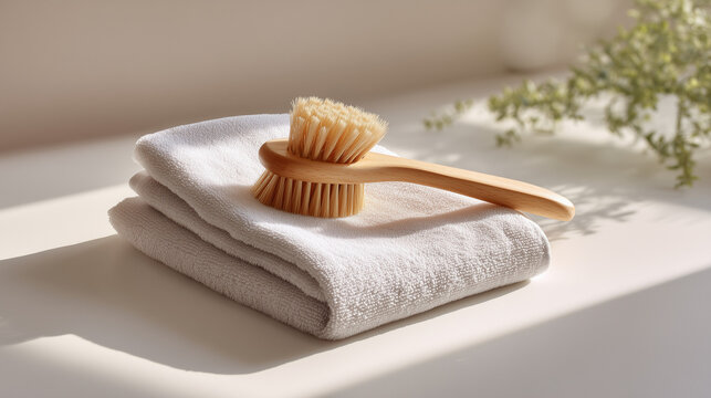 Eco-Friendly Bath and Body: Wooden Brush and Soft Towel, perfect for promoting personal care products, spa services, wellness retreats, health and beauty blogs, spa advertisements.
