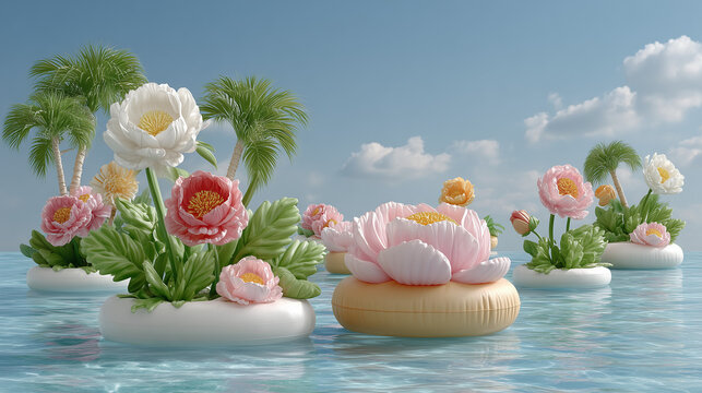 Whimsical Floral Pool Decor: Bright Inflatable Blooms, ideal for advertising entertainment venues, event planning, summer promotions, creative arts,pool party invitations, resort advertisements.