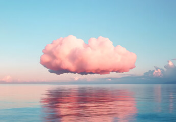 Pink Cloud Reflected in Calm Water Under a Clear Sky