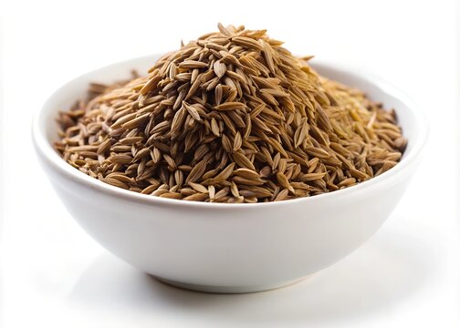 A white bowl overflowing with dried cumin seeds on a clean white background