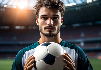 Soccer Player Holding Ball in Stadium