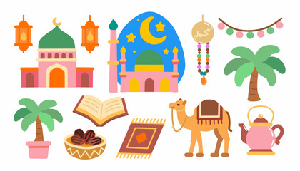 Fototapeta premium Collection of colorful flat-style Islamic elements including mosque, Quran, lantern, dates, prayer mat, camel, and crescent moon. Perfect for Ramadan, Eid, Islamic events, and cultural-themed designs.