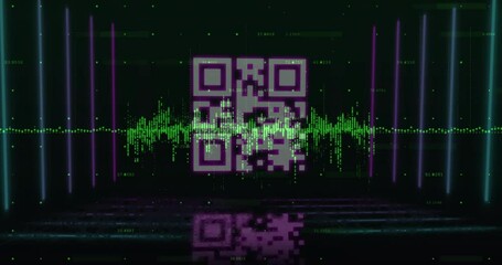 Waveform pulsing initiating QR code fading in with neon bars sliding for visualizing audio data - Powered by Adobe