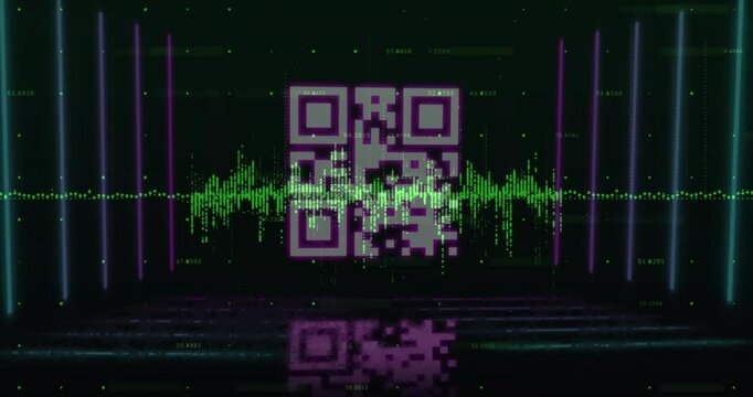 Waveform pulsing initiating QR code fading in with neon bars sliding for visualizing audio data - Powered by Adobe
