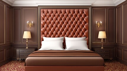 Elegant bedroom with a tufted leather headboard, classic wall paneling, and warm lighting