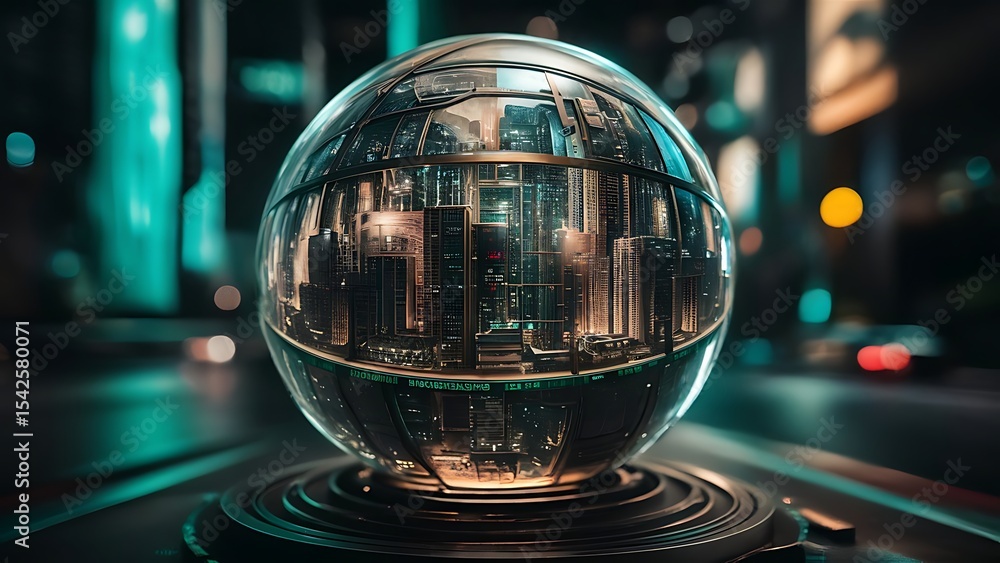 Poster cityscape encapsulated: a spherical reflection of urban architecture and lights
