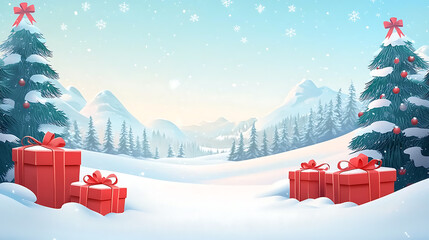 Snowy Winter Landscape with Christmas Trees and Gift Boxes