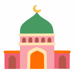 Colorful Flat Style Islamic Mosque with Green Dome and Crescent Moon. Ideal for Ramadan, Eid, Islamic celebrations, banners, posters, greeting cards, and cultural content.