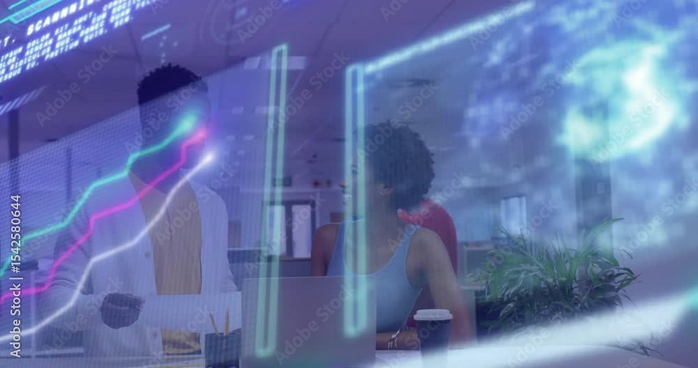 Poster man presenting printed document to coworker sparking code analysis with holographic overlay
