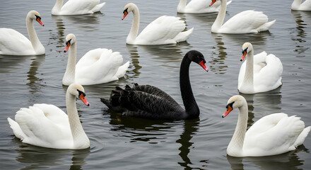 Obraz premium Black swan, White swans, Swan, One Black Swan Among Many White Swans