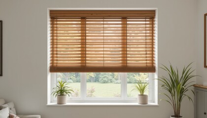 Fototapeta premium Honey Tone Wooden Venetian Blinds: Elegant Window Treatment
