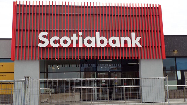 Nepean, ON, Canada-June 17,2025: The modern facade of a "Scotiabank branch" at 1549 MERIVALE RD.
