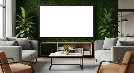 Modern, Living room, Interior, Modern Living Room with Blank Canvas and Green Wall