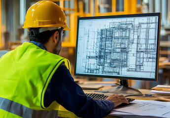 Engineer in safety gear reviews architectural plans on a computer screen