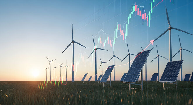 Renewable energy, Wind turbine, Wind turbines, Renewable Energy Investment Growth - Wind Turbines and Solar Panels with Stock Market Graph - Powered by Adobe