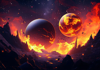 Fiery Planetary Landscape with Celestial Bodies and Lava Flows