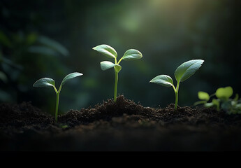 Young seedlings emerging from soil under natural light