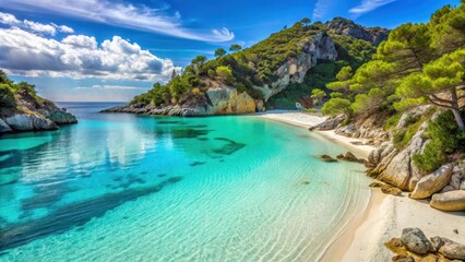 Fototapeta premium Turquoise waters lap against white sandy beach at Spiaggia Porto Ghiacciolo, Italy, with rugged cliffs and pine trees in the background, turquoise water, italian coast