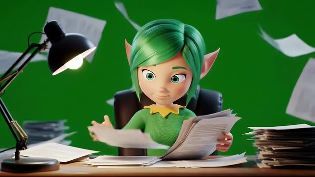Adorable animated elf character working at desk surrounded by documents illustration