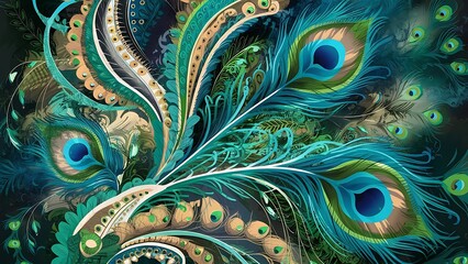 Ornate peacock feathers, abstract turquoise and gold pattern, rich tapestry