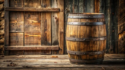Weathered barrel with wooden slats against a rustic wooden background, rural scene