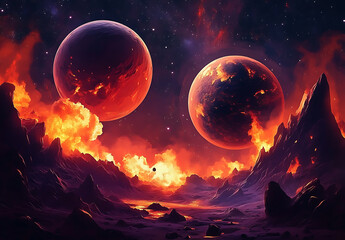 Fiery Planetary Landscape with Glowing Spheres and Lava Flows