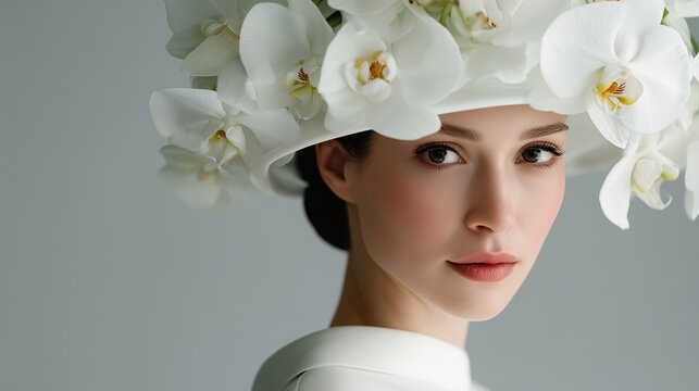 An elegant woman adorned with a delicate floral hat made of pristine white orchids poses, epitomizing beauty. The refined composition exudes beauty and sophistication.