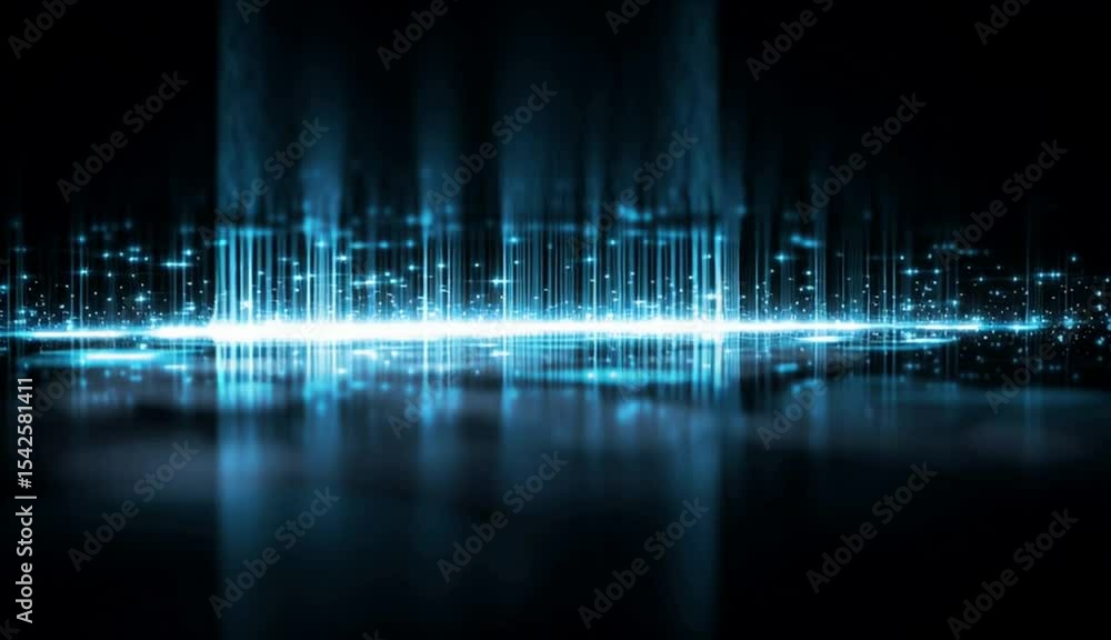 Poster abstract digital background with blue glowing sound waves and data visualization on a black backgrou