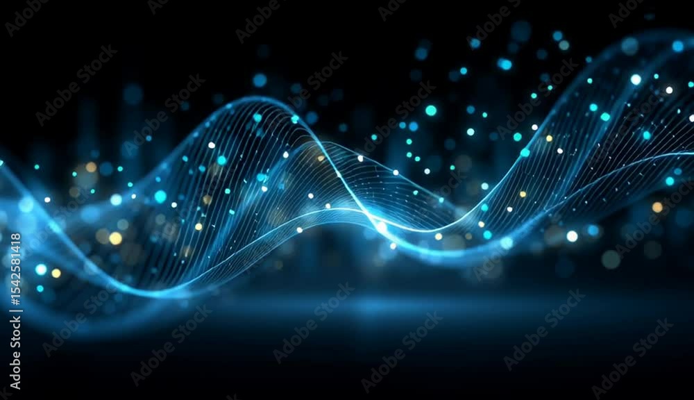 Poster abstract blue digital background with glowing sound waves and data points on a black backdrop, an ai