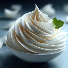 Whipped cream in a bowl, with mint garnish