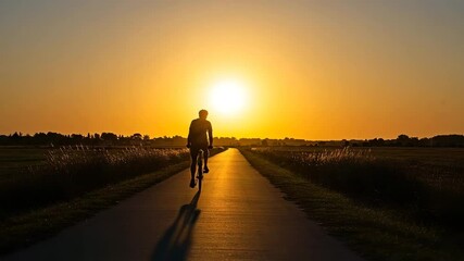 Cyclist riding along a pathway at sunset in a tranquil landscape  