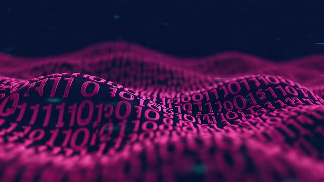 Pink Digital Data Waves Flowing Over Dark Blue Surface Displaying Binary Code