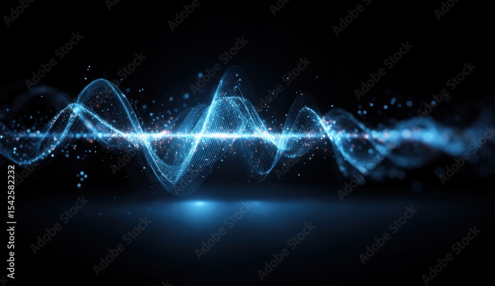 Poster abstract digital background with blue glowing sound waves and data visualization on a black backgrou