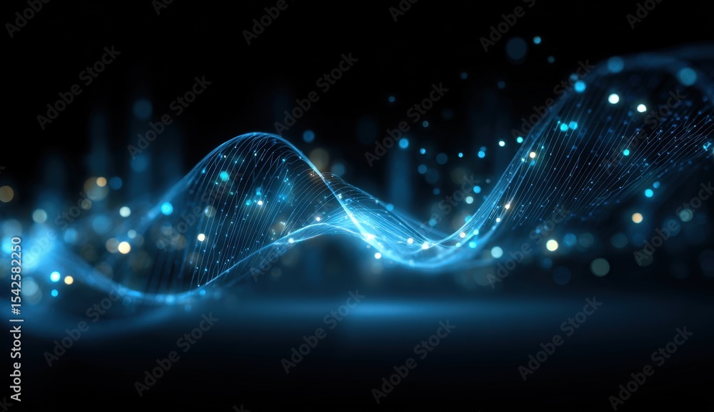 Poster abstract blue digital background with glowing sound waves and data points on a black backdrop, an ai