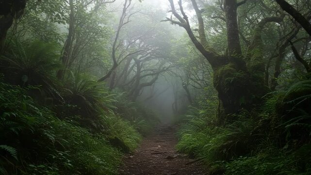 Misty forest path surrounded by lush greenery in foggy atmosphere  