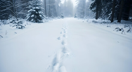 Fototapeta premium Winter, Snow, Footprints, Footprints in the Snow Leading Through a Foggy Winter Forest