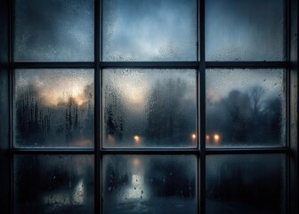 Dark fog settles on a glass windowpane at dusk