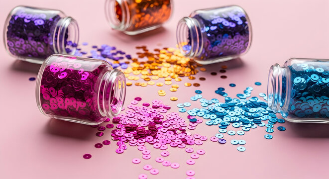 Sequins, Glitter, Colorful, Colorful Sequins Spilled from Jars on Pink Background