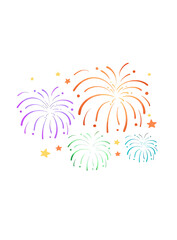 Obraz premium Colorful Fireworks Display Celebration Burst of Purple Orange Green and Blue Firework Explosions with Stars. Vector Illustrations